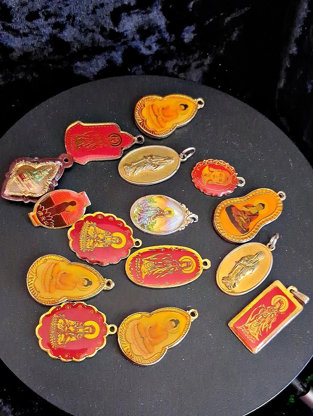 Assorted Buddha Charms, Pins, Red & Gold Pendant Charm Lot. 15 In All.